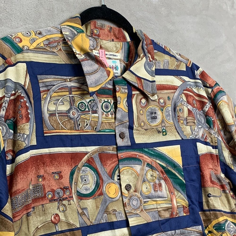 REYN SPOONER | LARGE Men BUTTON DOWN SS SHIRT | CLASSIC VTG HOT ROD CAR DESIGN